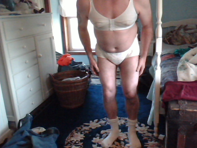 PHOTO PROOF
WEARING MY BRA AND DIAPER I STAND IN THE WORSHIP CIRCLE AND WAIT FOR MISS CAT'S APPROVAL AND FURTHER ORDERS.
