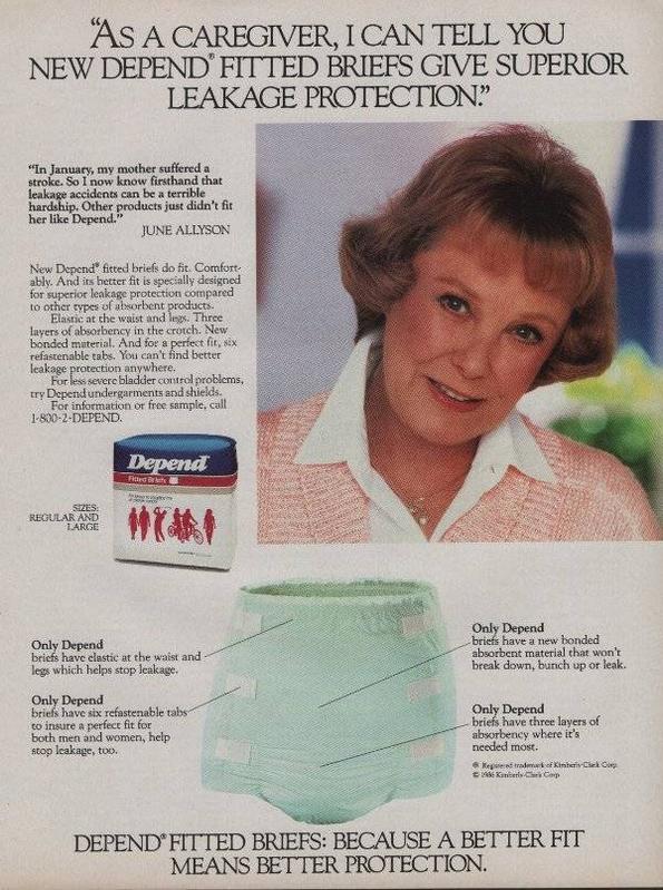 Depend Fitted Briefs - Old printed ad from 1986 (ft. June Allyson)
