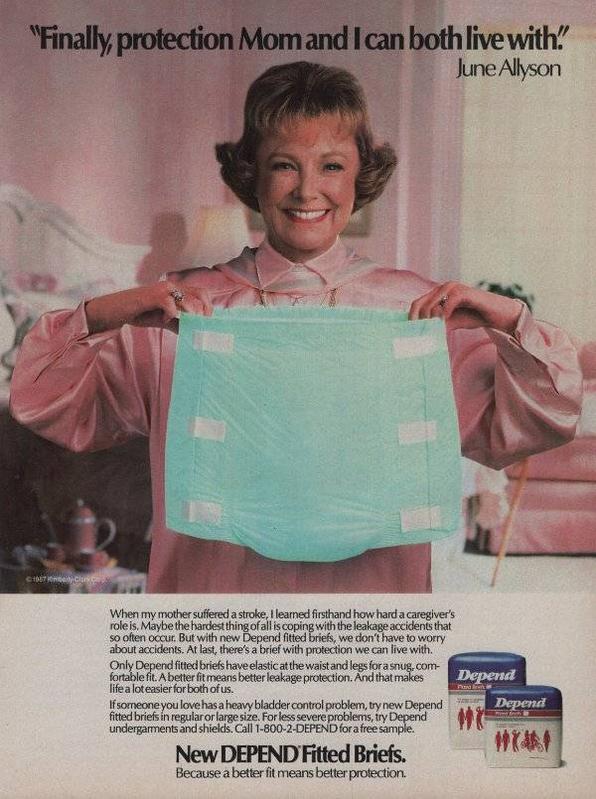 Depend Fitted Briefs - Old printed ad from 1987 (ft. June Allyson)
