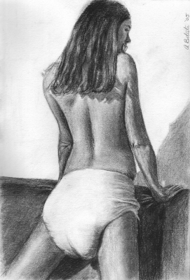 Diapered Girl on Black Sofa.
Charcoal on paper, 2005.
Keywords: art charcoal diaper drawing girl seat sofa