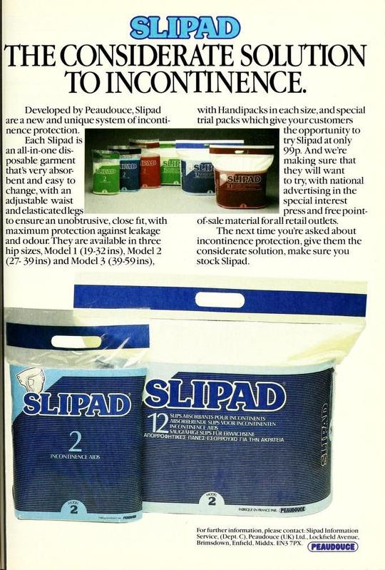 Slipad by Peaudouce - The Considerate Solution to Incontinence - Old UK advert from 1983
